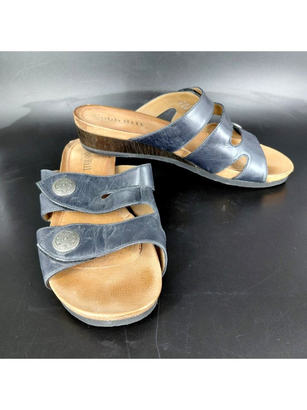 Cobb Hill Sandals Womens Size 10 Blue Leather Slide Wedge Comfort Adjust Straps